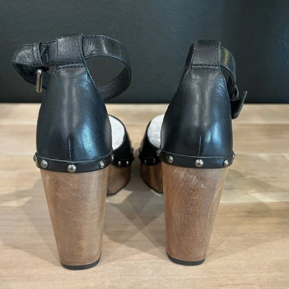 Lucky Brand Women's 6M Black Leather Wooden Nelora Platform Clog Strap Heel - Picture 5 of 7